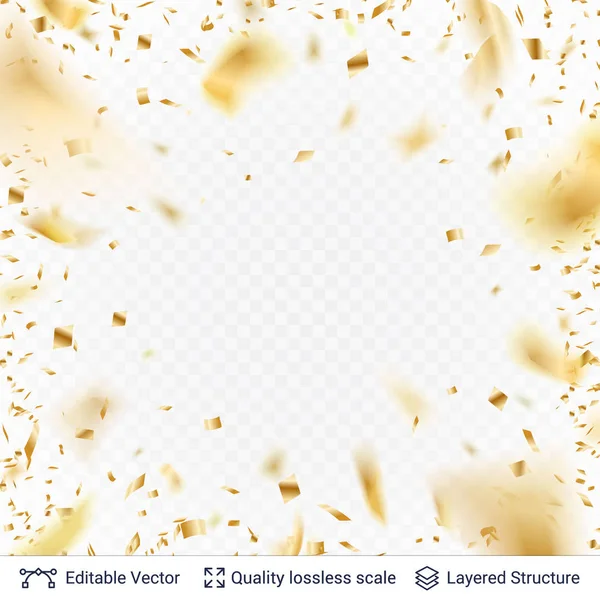 Golden festive tinsel confetti blurred in motion. — Stock Vector