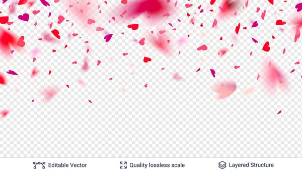 Hjärtformade rosa röd konfetti suddig i rörelse. — Stock vektor