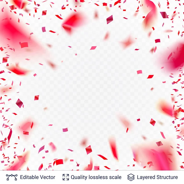 Confeti festivo rojo rosado borroso en movimiento . — Vector de stock