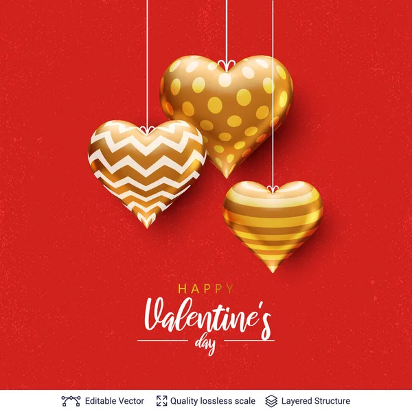 Happy Valentines day text and hearts on red. — Stock Vector