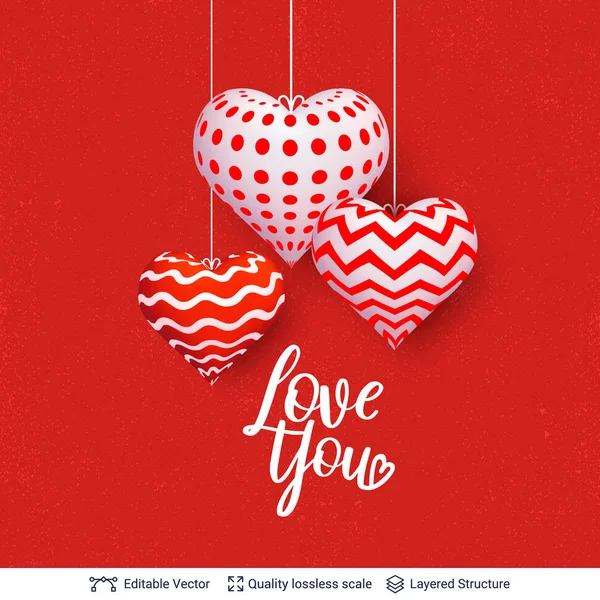 Happy Valentines day text and hearts on red. — Stock Vector