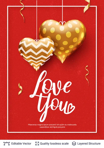 Älska dig text och gyllene hjärtan på rött. — Stock vektor