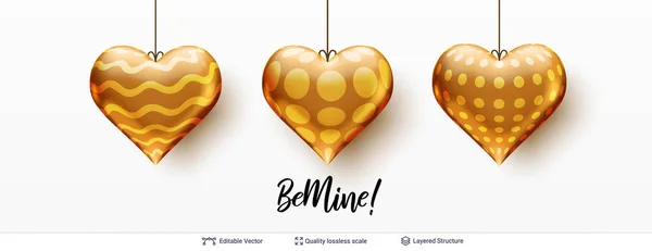 Be mine love text and golden hearts on white. — Stock Vector