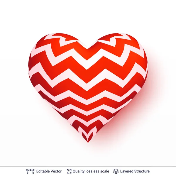 Corazón 3D con patrón de rayas rojas y blancas . — Archivo Imágenes Vectoriales