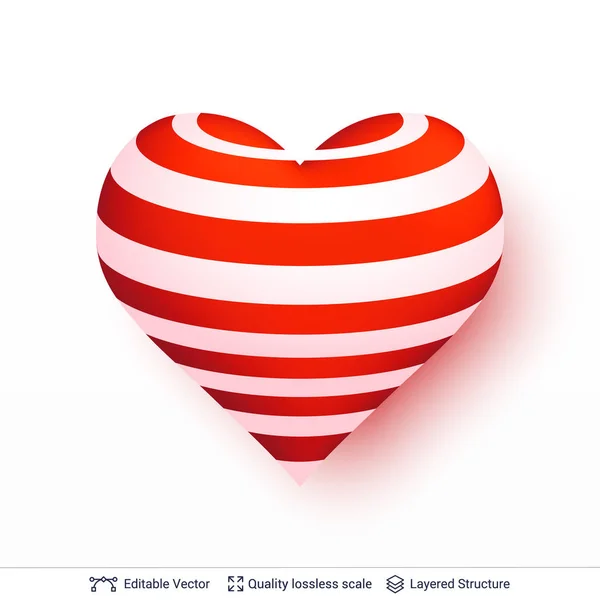 Coeur 3D avec motif de rayures rouges et blanches . — Image vectorielle