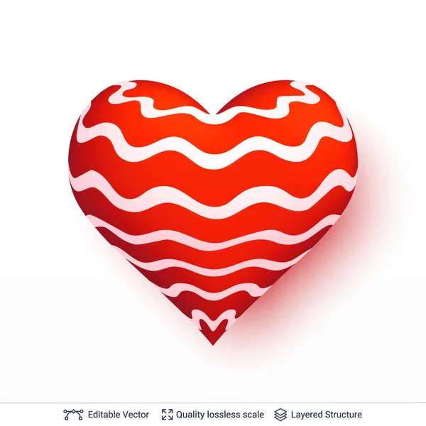 Corazón 3D con patrón de ondas rojas y blancas . — Archivo Imágenes Vectoriales
