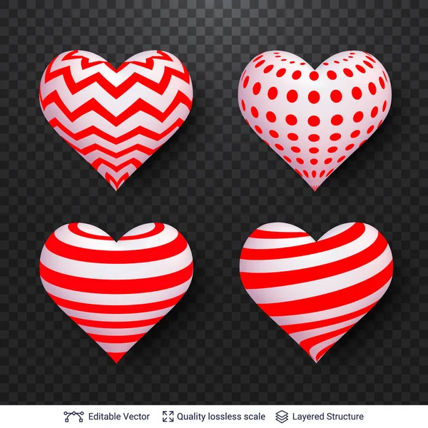 Set of 3D hearts with red and white patterns. — Stock Vector