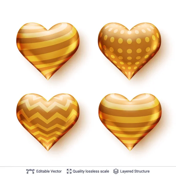 Set of 3D hearts with golden patterns. — Stock Vector