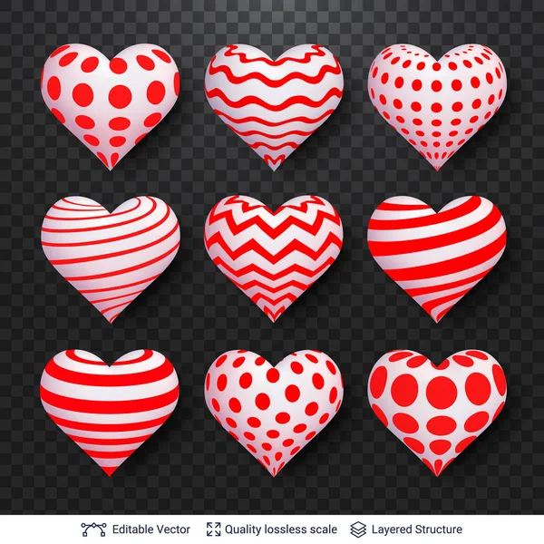 Set of 3D hearts with red and white patterns. — Stock Vector