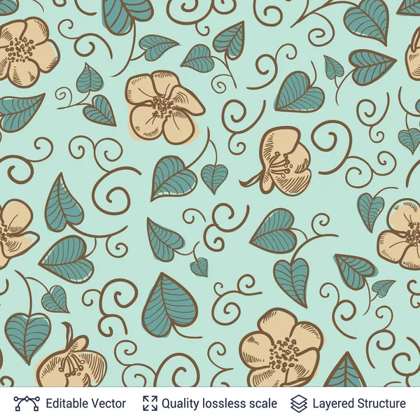 꽃과 녹색 잎 이음새가 매끄러운 패턴. 빈티지 벡터 디자인. — 스톡 벡터
