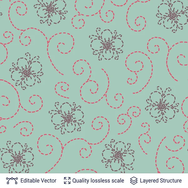 Embroidered flowers and curles. Seamless pattern — Stock Vector