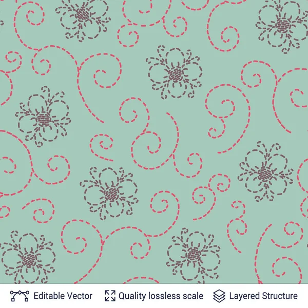 Geborduurde bloemen en curles. Naadloos patroon — Stockvector