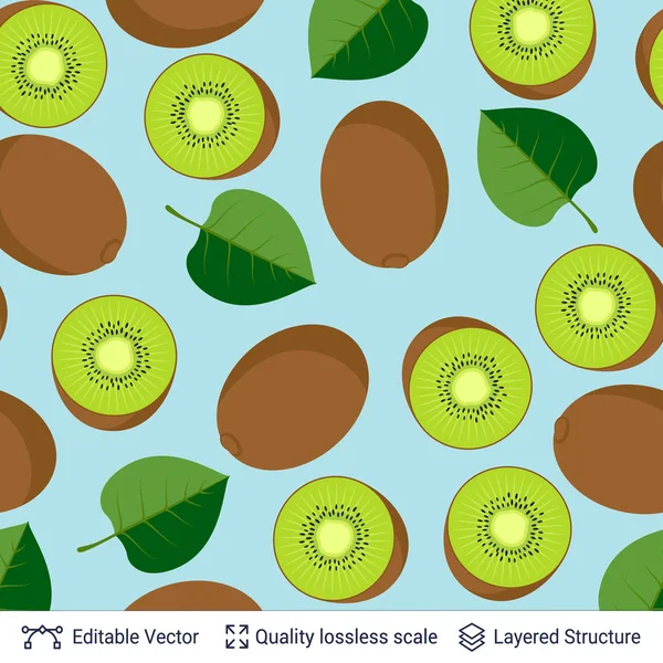 Sömlösa mönster av kiwi och gröna blad. — Stock vektor