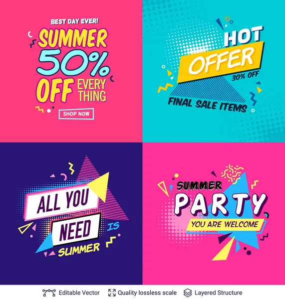 Conjunto de fundos de anúncios de festa de verão em estilo pop-art — Vetor de Stock