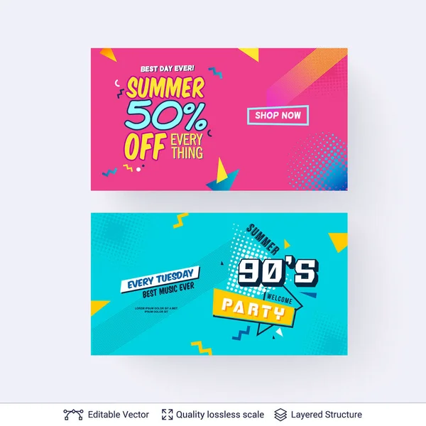 Conjunto de cartazes de anúncios da temporada de verão em estilo pop-art . — Vetor de Stock