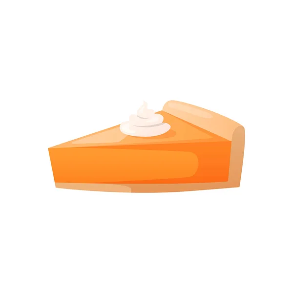 Piece of orange colored cheesecake pie with cream. — Stock Vector