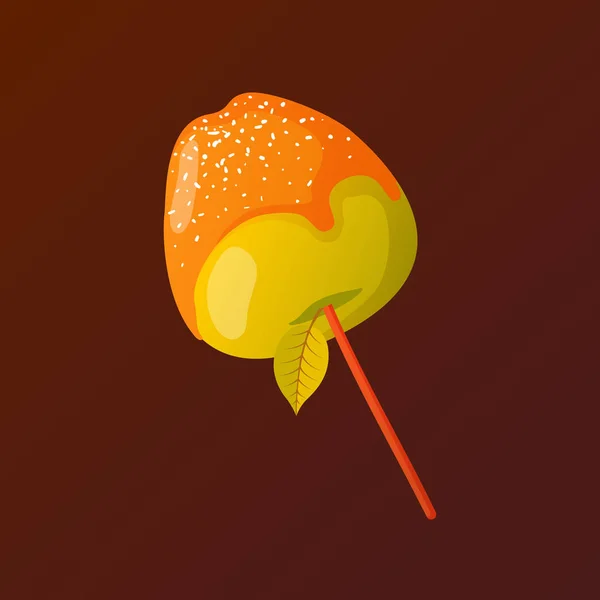 Caramel apple candy on stick in cartoon style. — Stock Vector