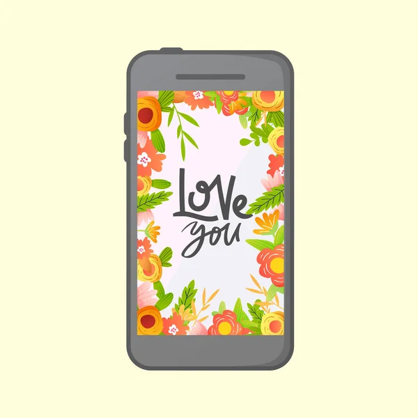 Smartphone skärm med blommig ram och text. — Stock vektor