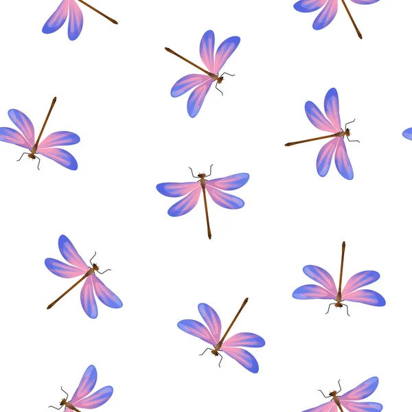 Nahtloses Muster mit farbigen Libellen auf weißem Grund. — Stockvektor
