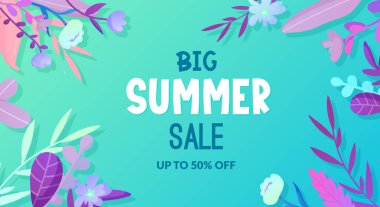 Renkli çiçekler ve metin harfleri reklam afişi.