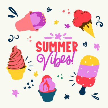 Renkli dondurmalar ve metin harfleri reklam afişi.