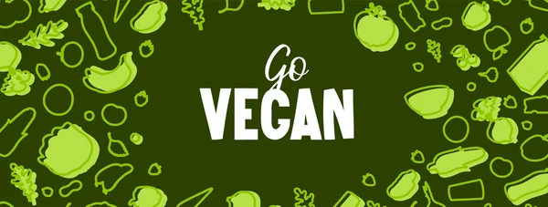 Menj vegán szöveg és zöldség minta zöld. — Stock Vector