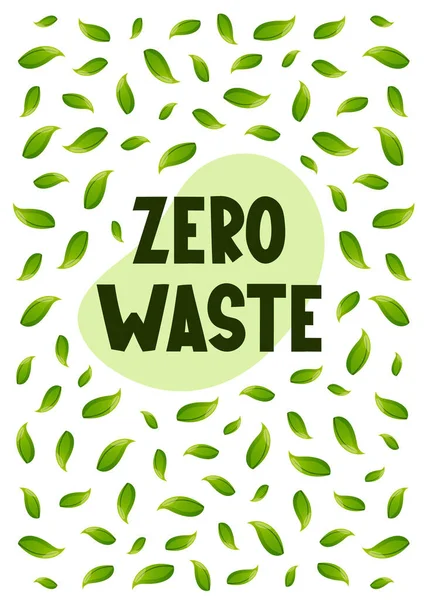 Zero odpadów tekst i zielony wzór liści. — Wektor stockowy