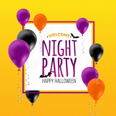 Balonlar ve konfetilerle Cadılar Bayramı partisi duyurusu.