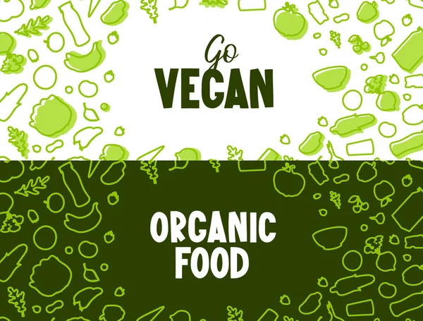 Veganistische voedselteksten en groentepatroon op banner. — Stockvector
