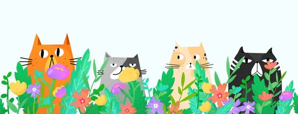 Αστείες γάτες που κάθονται στο γρασίδι και λουλούδια. — Διανυσματικό Αρχείο