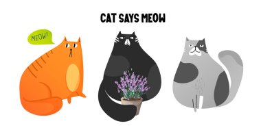 Çizgi film tarzındaki komik şişman kediler beyazlar üzerinde izole edilmiş..