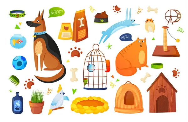 Set van dieren en huisdier apparatuur in cartoon stijl. — Stockvector