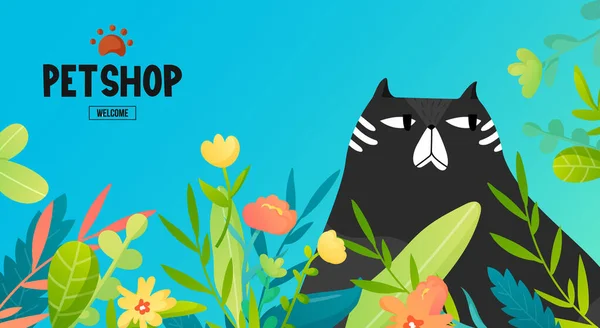 Zwarte kat in gras en bloemen en tekst label. — Stockvector