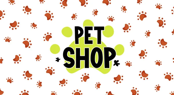 Animali impronte zampe e pet shop etichetta di testo. — Vettoriale Stock