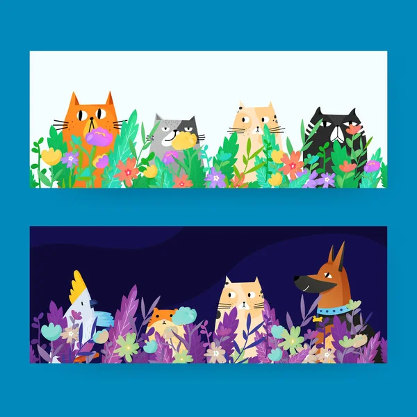 Animales divertidos sentados en la hierba y las flores. — Vector de stock