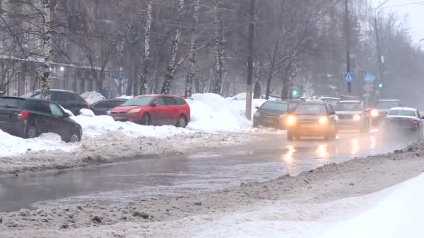Floresta de neve na cidade, o fluxo de carros dirigindo na estrada através de uma poça — Vídeo de Stock