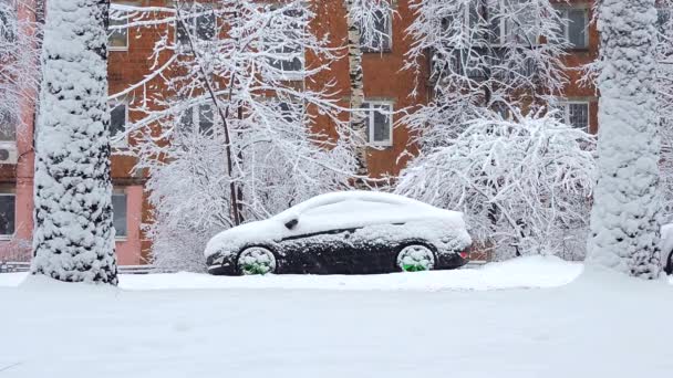 Autók téli város, havazás, hóvihar havas úton vezetéssel — Stock videók