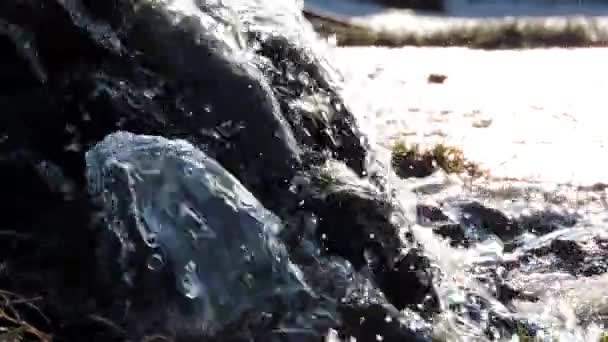 Гірський водоспад, струмок, річка. Вода бризкає над камінцями на сонячному світлі — стокове відео