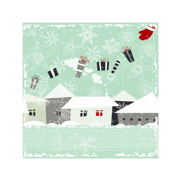 Linda Mano Dibujado Tarjeta Navidad Vector Con Casas Invierno — Vector de stock