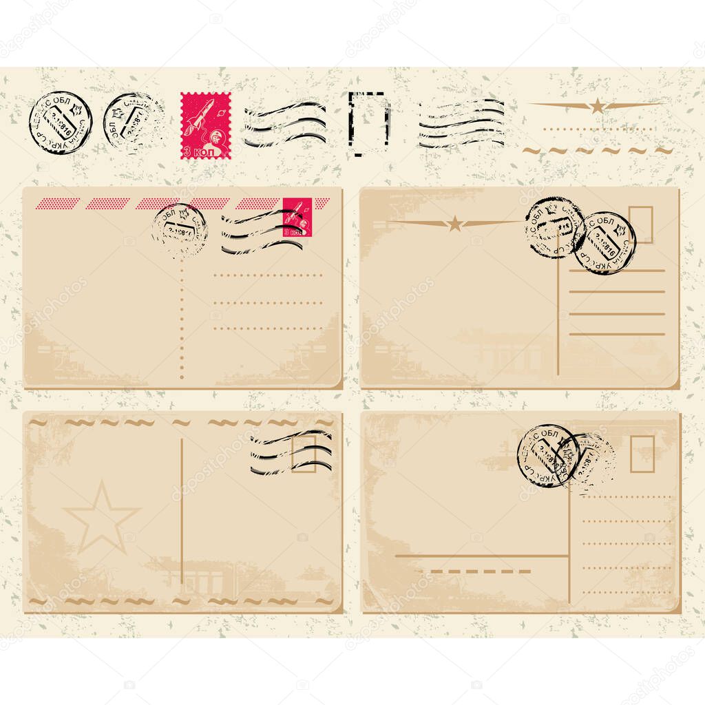 vintage background with old papers, envelopes and stamps, vector illustration