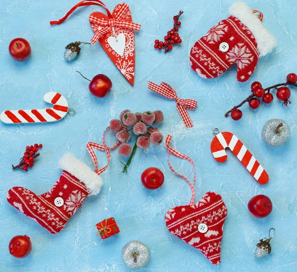Collection of Christmas objects on blue. — Stock Photo, Image