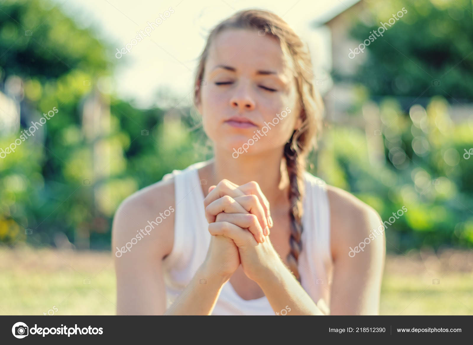 Christian Worship Praise Young Woman Praying Early Morning - 