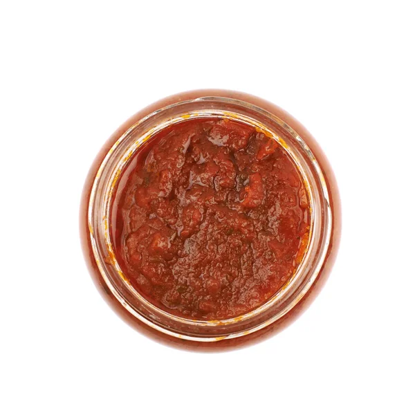 Słoik z sosem marinara pomidor na białym tle — Zdjęcie stockowe