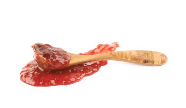 Reçel marmelat ele, beyaz arka plan üzerinde izole kompozisyon tahta kaşıkla sıçrama