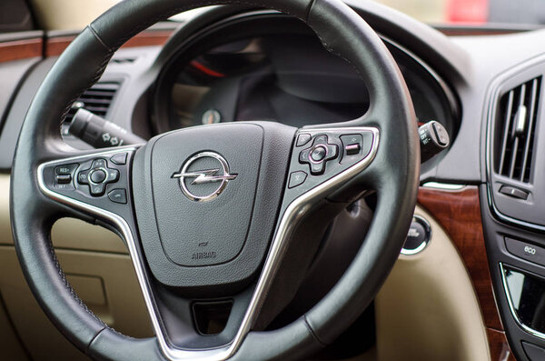 Soest, Germany - January 13, 2018: Steering wheel closeup of Opel Insignia.
