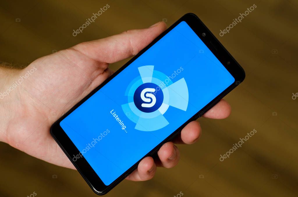 Kyiv, Ukraine- July 12, 2018: Shazam logo on screen Xiaomi Redmi Note 5.