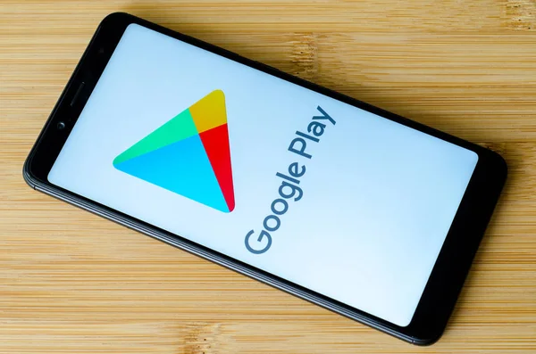 Kiev Ucrania Julio 2018 Google Play Logo Pantalla Xiaomi Redmi — Foto de Stock