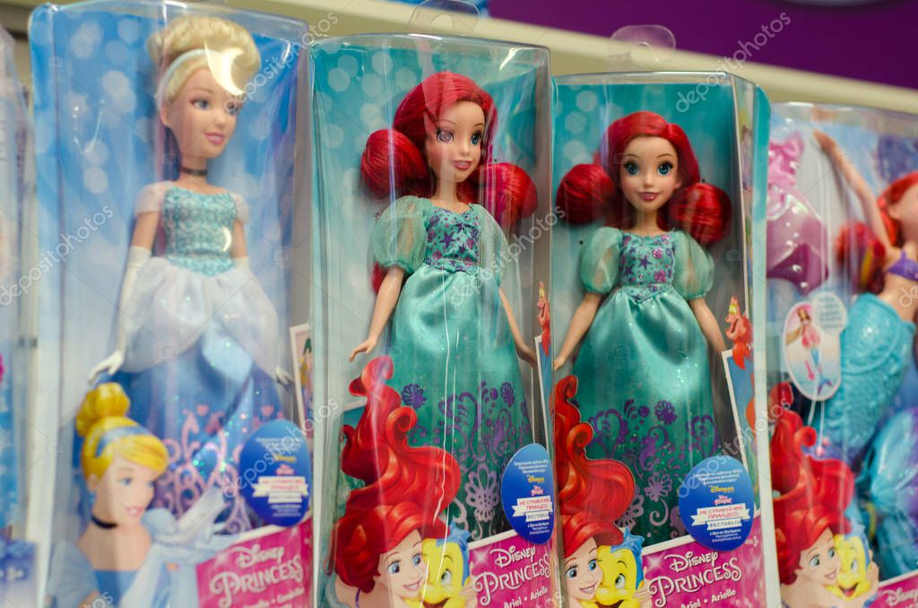 Kyiv, Ukraine - March 24, 2018: Disney Princess Dolls for sale in the Supermarket Stand.