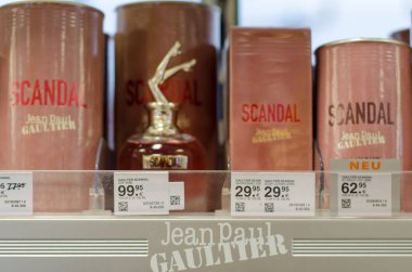 Soest, Germany - January 3, 2019: Scandal Jean Paul Gaultier Perfume for sale in the shop. clipart