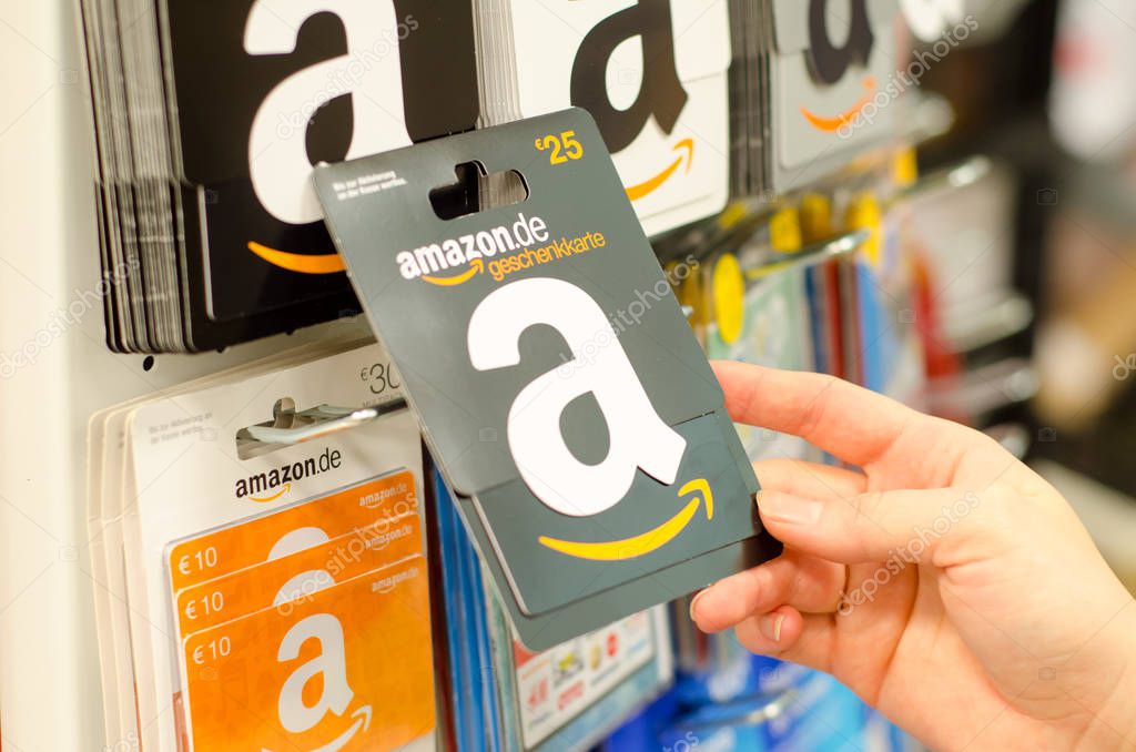 Soest, Germany - January 9, 2019: Amazon Gift Cards for sale in the shop.